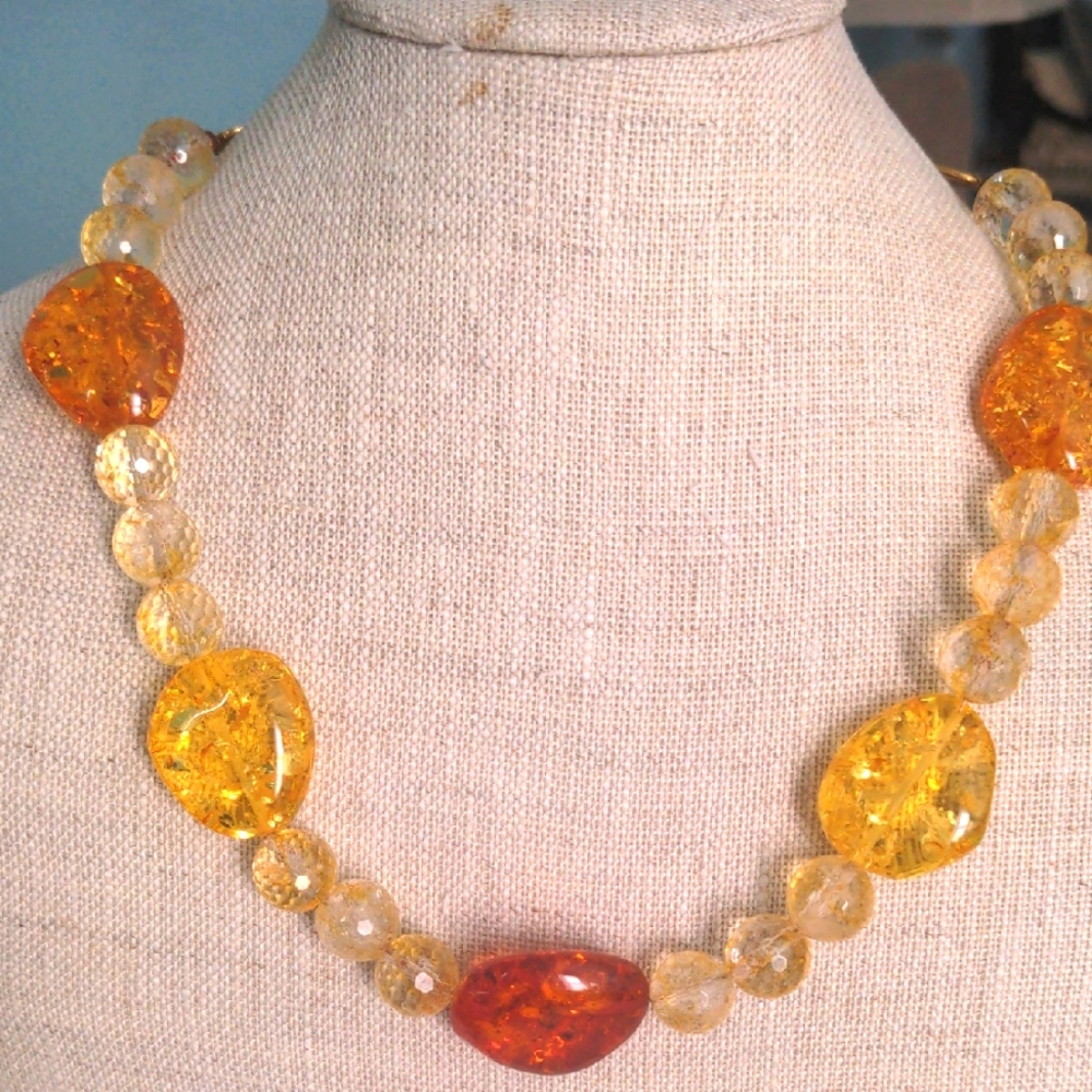New Faux Amber, Citrine & Gold Necklace Choker Adjustable 18 to 22", Statement